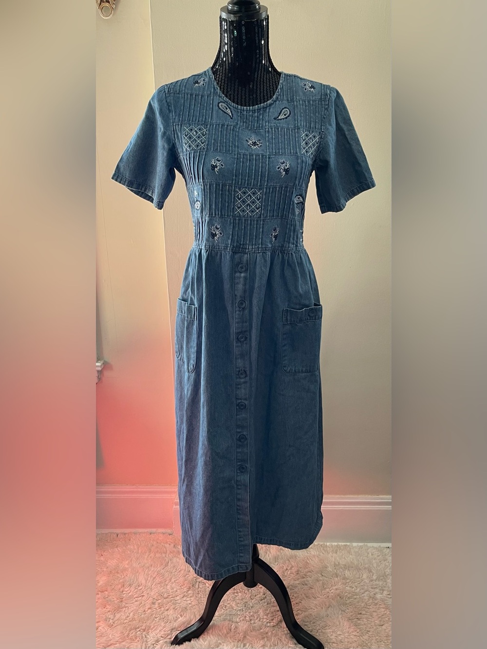 Wardrobe Essentials Blue Denim Embroidered Maxi Dress Size 8